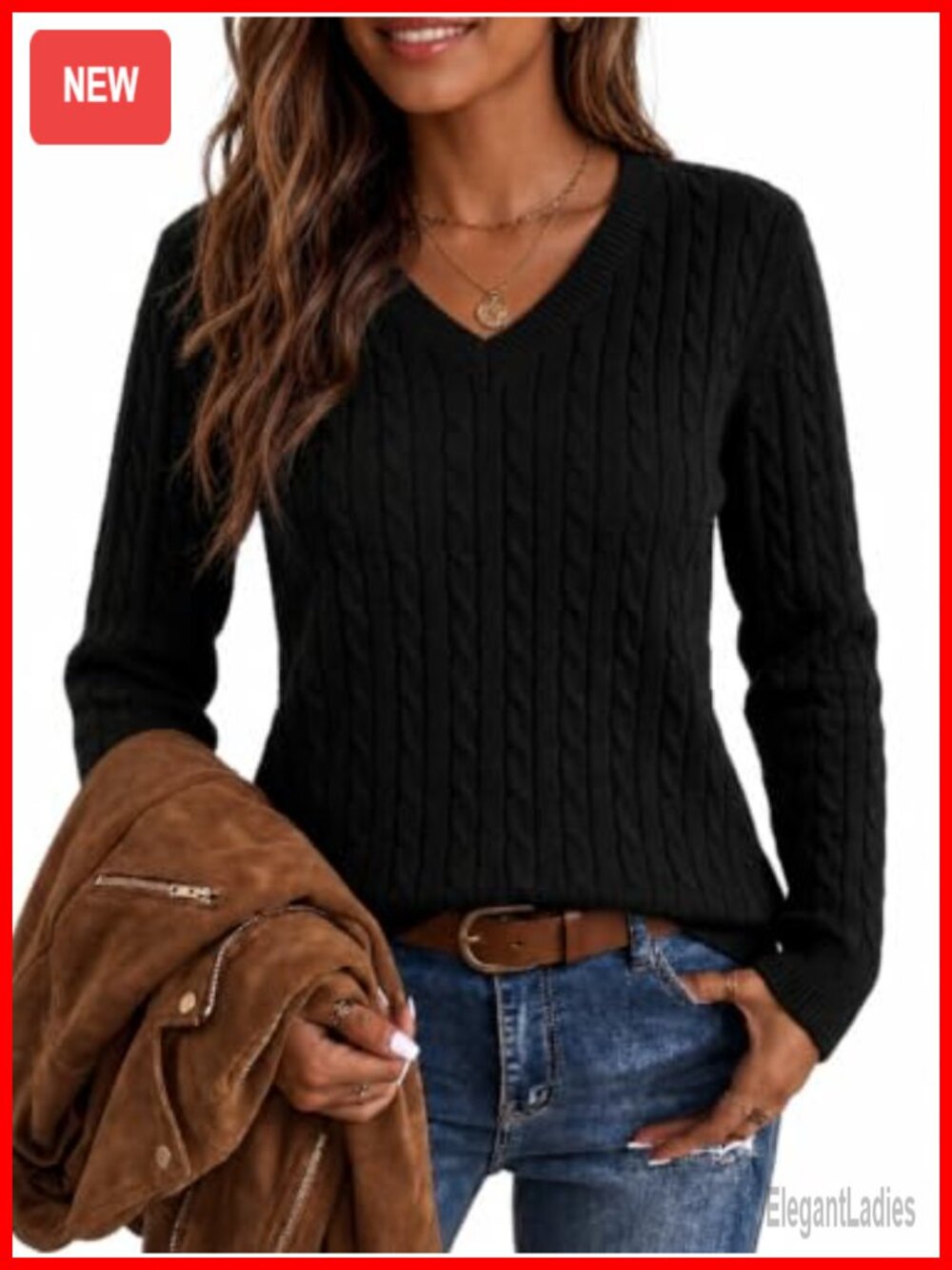Cable Knit V Neck Pullover Sweater Fitted Long Sleeve Cotton